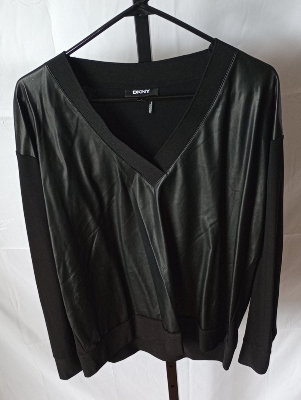 DKNY Black V-Neck Faux Leather Front Pullover Jacket